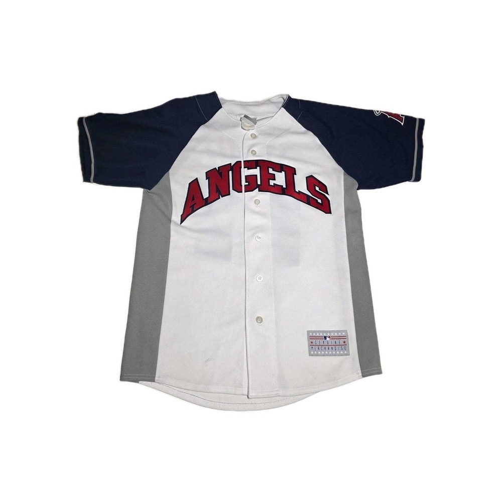 MLB Los Angeles Angels Mike Trout 27 Jersey Mens White Navy Button Front L